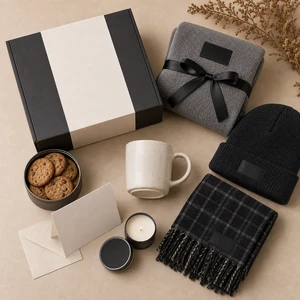 Custom Winter Client Appreciation Gift Kit With Beanie Mug Blanket Cookie Tin Gift Box For Corporate Holiday Mailer Order Buyers