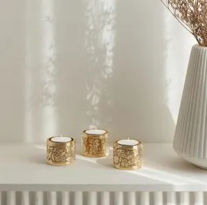 AK Brass Engraved Design Tea Light Candle Set of 3 Polish Finish Eco-Friendly Handmade for Christmas & New Year Home Decor