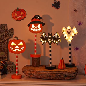 Cross-Border Halloween LED Wooden Night Light Abstract Pumpkin Bat Ghost Skull Table Decoration