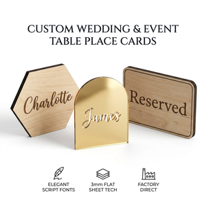 Custom Mirror Gold Acrylic Wedding Place Cards | Personalized Guest Name Signs | UV Printing | Bulk Wholesale Event Decor 2026