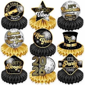 2026 Black Gold New Year Honeycomb Table Centerpieces Disco Ball Table Toppers New Year Eve Party Table Decor