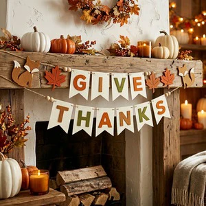 Thanksgiving Fox Leaf Garland 7in 9pcs Fall Autumn Harvest Felt Banner Wood Beads Mantel Table Setting