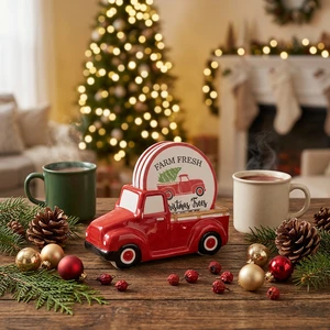 Redeco Vintage Christmas Figurine Ceramic Coaster Set Glazed Stoneware Christmas Cups Holder Wholesale Holiday Decor
