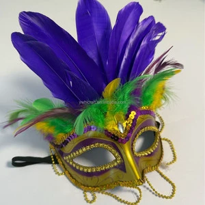HLC New Half Face Green Purple Gold Mardi Gras Creation Mask with Feathers for Carnival Venice Masquerade New Orleans Parade
