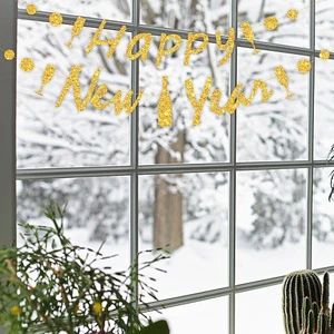New Year Theme Happy New Year Christmas Holiday Party Background Decoration Banner Gold Glitter String Shape Wholesale