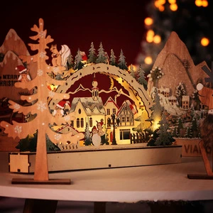 Handmade Eco-friendly Wooden Christmas Ornaments Led Illuminated Traditional Style Christmas Village Decorative Window Ornaments
