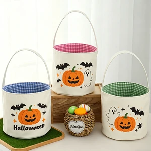 Wholesale Custom Gingham Halloween Trick Or Treat Bucket Canvas Fabric Candy Basket For Kids