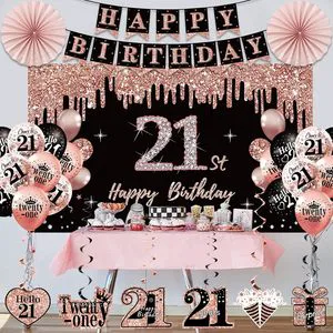 Custom Rose Gold 21st Birthday Party Kit Paper Fans Hanging Card Spiral Ornaments Crown & Sash for Girls Adult Birthday Supplies
