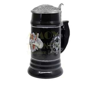 OEM Custom Emboss logo Mid Centry Ceramic Beer Mug with Lid Beer Festival Red Black Vintage Retro Tankard German Stein for bar