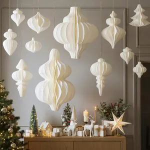 3D White Honeycomb Paper Lantern Hanging Ornament Eco-friendly Reusable Indoor Home Decoration Christmas New Years Holiday