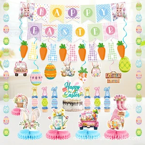Cross-border Easter Party Decoration Foreign Trade Easter Set Colorful Eggs Rabbit Pulling Flag Hanging Honeycomb Decorative