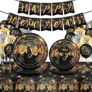 HAWIN Reusable Paper New Year-themed Party Set Including Tableware Party Tablecloth Handkerchiefs Cups Scene Flag Arrangement