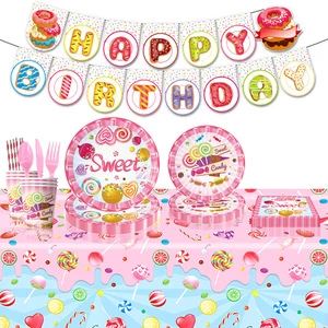 Ychon Sweet Baby Girl Pink Candy Lollipop Theme Tableware Children's Birthday Paper Plate Paper Towel Set Sweet Pink Printing