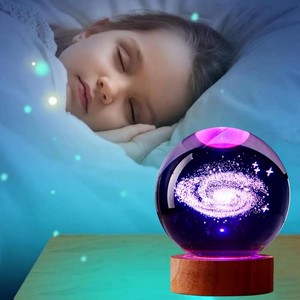 Wholesale 3D Engraving 6cm Sphere Galaxy Solar System Crystal Night Light Glass Ball With Wood Led Base For Decor Souvenir Gifts