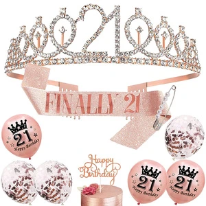 WT-211 Princess Happy Birthday Crowns and Sash set for Adults Rose Gold Birthday Crown and Sash Kit 16/21/30/40/50th