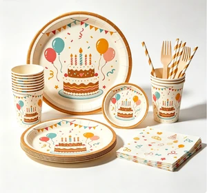 Birthday Cake Theme Disposable Party Tableware Set Cake Pattern Complete Kit with Plates Cups Napkins for Kids Adults
