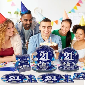 Blue 21th Birthday Party Supplies Blue Birthday Party Tableware Set Baby Shower Coming of Age Ceremony Birthday Party Decoration
