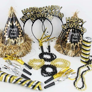 2025 New Year Party Supplies Modern Black Gold Color Necklace Paper Hat Head Hoop Blowing Dragon Suit with New Year Decorations