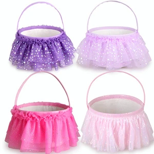 2025 Children Easter Basket Cute Glitter Tutu Decorated Gift Basket Handbag for Eggs Portable Storage Festival Party Decorations