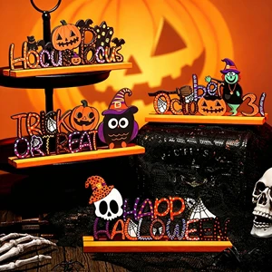 Halloween Printed Wooden Ornaments Create a Terrifying Atmosphere Pumpkin Head Decorations Decorate the Table and Display Stand