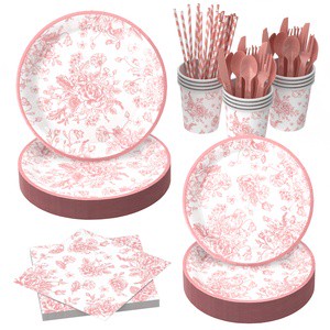 Pink and White Chinese Style Decoration Party Supplies Set pink Flower Pattern Dinner Plate and Napkin