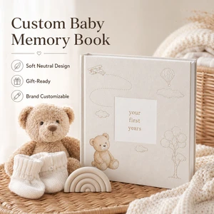 Custom Baby Memory Book Hardcover Linen Square Cream Bear Hot Air Balloon Cloud Line Art Gift Ready Brand Custom OEM Bulk