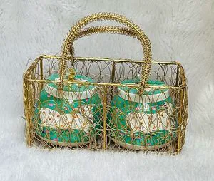 Floral Pattern Decorative Jar Set 2Pcs Gold Plated Metal Handicraft Handle Rectangle Shape Traditional Design Easter Theme