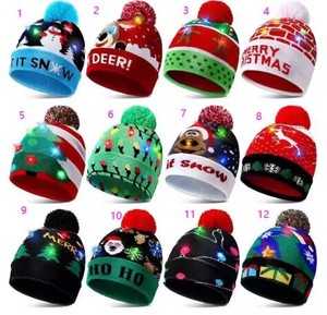 Customization 2025 Led Christmas Hat Light-Up Sweater Knitted Santa Claus Gift Kids Adult Xmas Hats with Lights