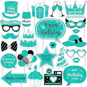 Turquoise Birthday Photo Booth Props Happy Birthday Decorations with Forever Young Selfie Picture Prop for Adults Party Supplies