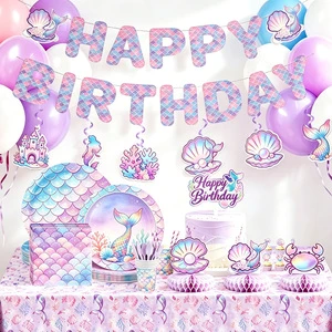 Mermaid Theme Party Decor Birthday Supplies Balloon Garland Tablecloth Background Plates Baby Shower Kid Birthday Decoration Set
