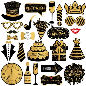 New Year Handheld Decoration Glasses Cakes Clock Champagne Funny Paper Handheld 25pcs for Party Photography Props