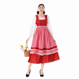 Women's Carnival Countryside Farm German Beer Festival Echo Costume for Bavarian Dirndl Red Plaid Dress