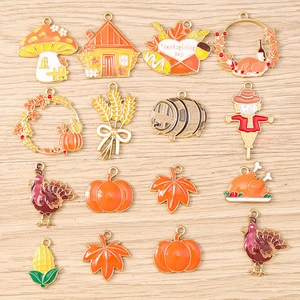 10 Pieces Per Pack Thanksgiving Zinc Alloy Rice Pattern Maple Leaf Pumpkin Turkey DIY Barn Scarecrow Charm Accessories Keychain