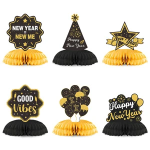 Eco-Friendly Luxury Paper Happy New Year Black Gold Firework Balloon Shape Honeycomb Table Decoration Set Wholesale