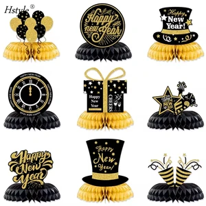 Hstyle 2025 Hot Sell Black Gold Birthday Decoration Honeycomb Centerpieces SD2028 for New Year Party Table Decoration