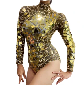 Shining Gold Rhinestones Mirrors Belly Dancing Dress Bodysuit Spandex/Polyester Women's Birthday Celebrate Party Performance