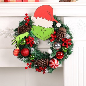 Manufacturer Supply Grinch Christmas Wreath With Pinecone Vine Wall Hanging Door Decoration
