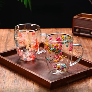 High Borosilicate Glass Cup Custom LOGO High Borosilicate Double Wall Glass Cup With Dry Flower