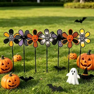 Halloween Skull Flower Windmill Pinwheel, Spooky Garden Stake Decor For Outdoor Yard Art Party Favors And Kids Toy Decoration