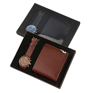CRESTLINE Custom Logo Men's Business Watch & Wallet Gift Set Handmade PU Leather Quartz Black/Brown Father's Day Gift