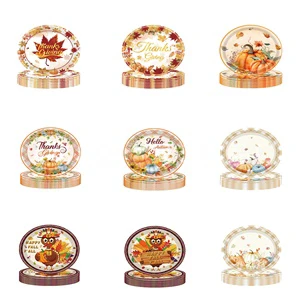 Wholesale Thanksgiving Fall Pumpkin Turkey Disposable Paper Plates Autumn Harvest Dinner Tableware Holiday Party Decor Supplies