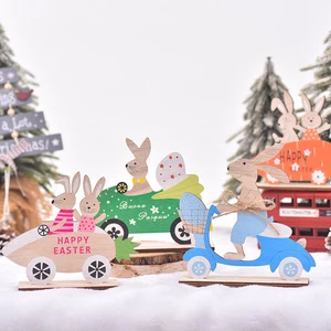 Factory Wholesale Easter Wooden Crafts Decoration Bunny Ornament Creative Bunny Riding Car Decorative Children's Easter Gifts