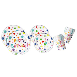 Modern Happy Birthday Party Supplies Set with Dots Design Includes Disposable Plates Napkins Cups Tablecloth for Kids for Easter