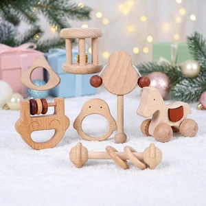 Wholesale Natural Solid Beech Wooden Baby Rattle Teether, Handheld Neutral Nursery Decor, Photo Prop For Baby Shower Party
