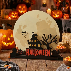 Halloween Full Moon Haunted House Pumpkin Bat Wooden Tabletop Ornament Spooky Desk Decor for Holiday Party Supplies