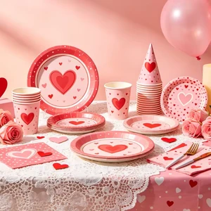 Romantic Love Heart Valentine's Day Disposable Party Tableware Set Couple Theme Love Heart Disposable Valentine Party Supplies