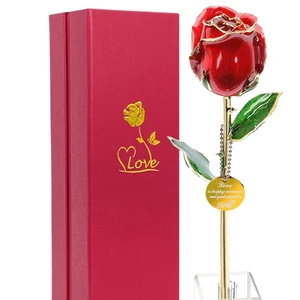 Valentines Gift 2024 New Handmade Fresh Preserved Roses with Stem 24k Gold Dipped Eternal Rose Metal Crafts Get Well Soon Gifts