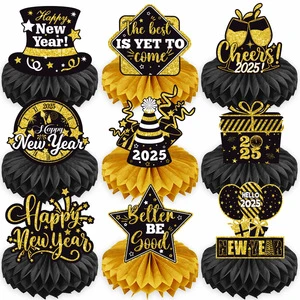 Hot New Years Honeycomb Centerpieces Theme Table Toppers Black and Gold 2025 New Years Eve Party Supplies Decorations S075