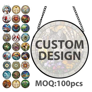 Sun Catchers Painted Glass Panel Decor Hanging Decorative Christmas Stained Glass Suncatcher Wall Art Window Panel Pendant