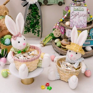 Round Easter Decoration Rabbit Doll with Candy Basket for Egg Storage and Fertility Symbol
